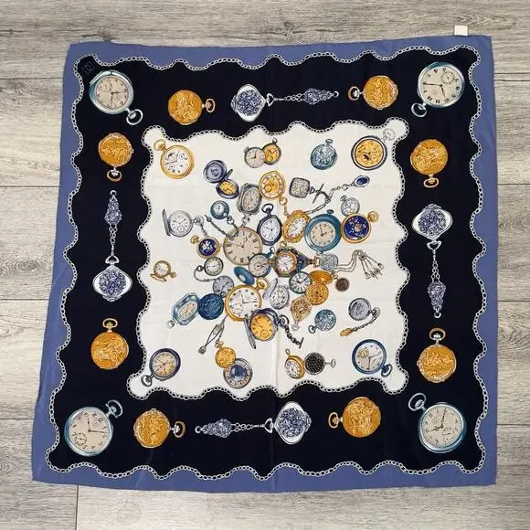 Liz Claiborne Silk Scarf Pocket Watch Print Navy Gold Blue Classic Old Money - Picture 2 of 5